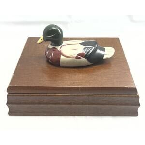Vintage Wood Playing Card Holder Box with Ceramic Mallard Duck. *Used*